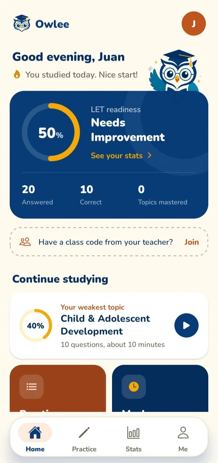 Owlee home screen showing a 50% LET readiness score, answered and correct counts, and the weakest topic to study next