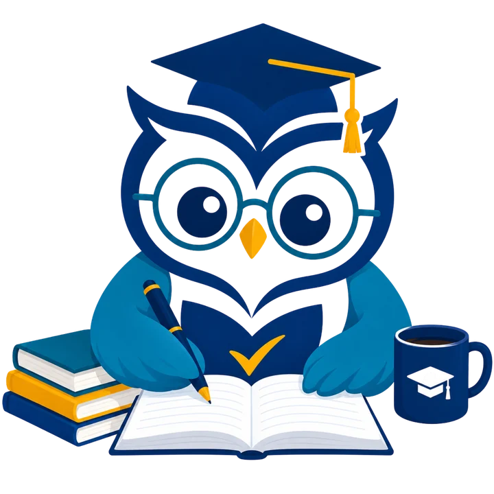 Owlee studying at a desk with books and coffee