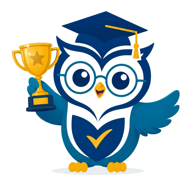 Owlee holding a gold trophy